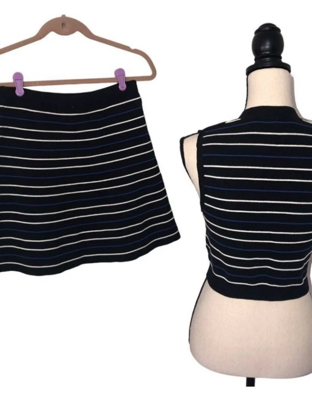 Free People Size M Skirt Set Knit Mini Black Blue White Stripe Sleeveless Skater - Picture 2 of 8